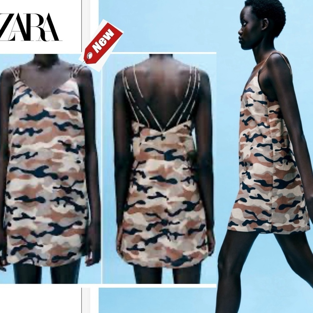 Zara camo strappy V-neck spaghetti strap short mini dress NWT green brown